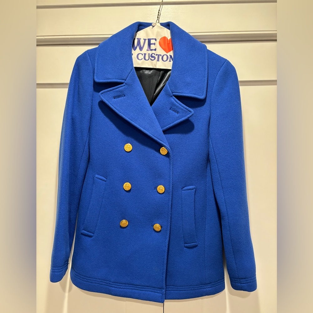 Women’s royal blue Jcrew coat with gold buttons